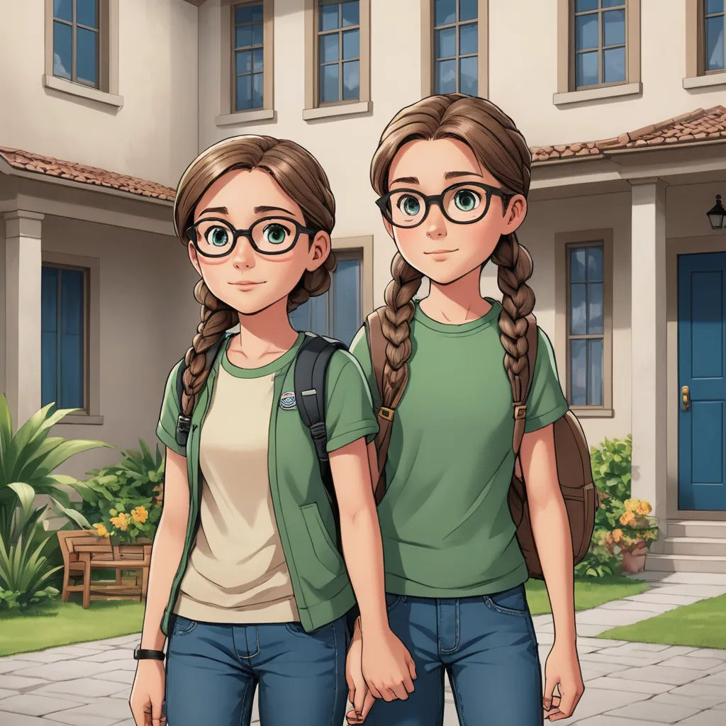 two girls standing in front of a house with a backpack on their shoulders and a backpack on their shoulder, remodernism, concept art, Ada Gladys Killins, official art