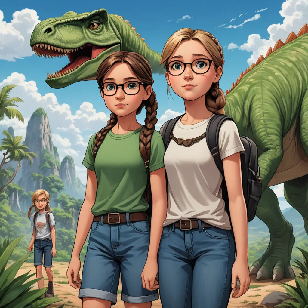 two girls standing next to a dinosaur in a jungle with a boy and girl standing next to it, both wearing glasses, serial art, a storybook illustration, Adam Rex, rossdraws global illumination