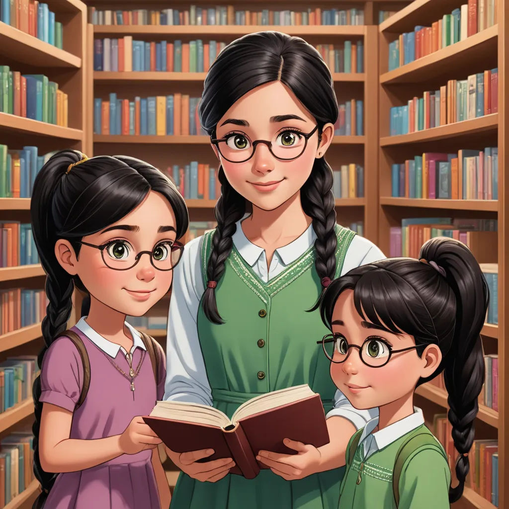 a cartoon of two girls and a girl reading a book in a library with bookshelves behind them, lyco art, a storybook illustration, Artgerm, official art