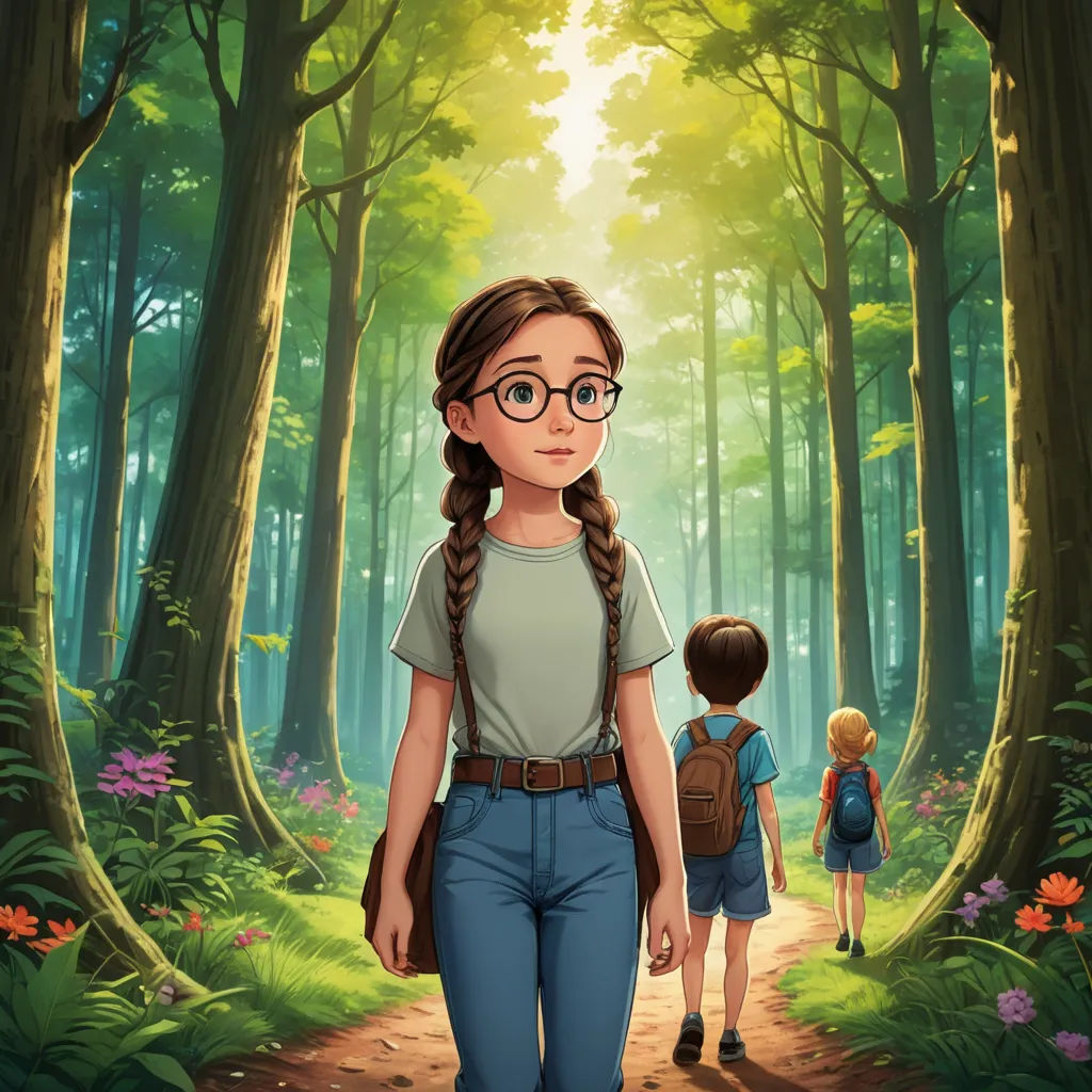 a girl and a boy walking through a forest with a light shining on them and a path leading to the woods, magical realism, a storybook illustration, Elinor Proby Adams, official art