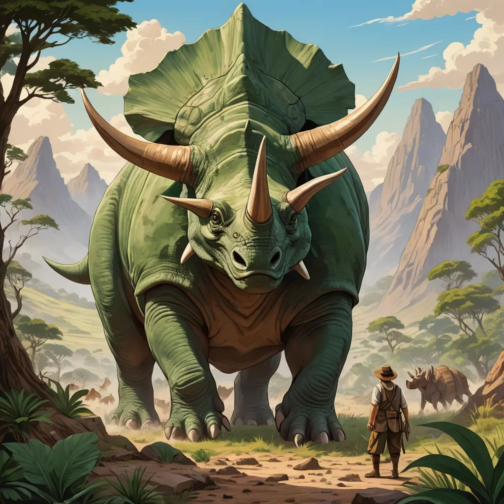 a painting of a dinosaur and a man in a hat walking in the jungle with mountains in the background, altermodern, a digital painting, Clint Cearley, magic the gathering artwork