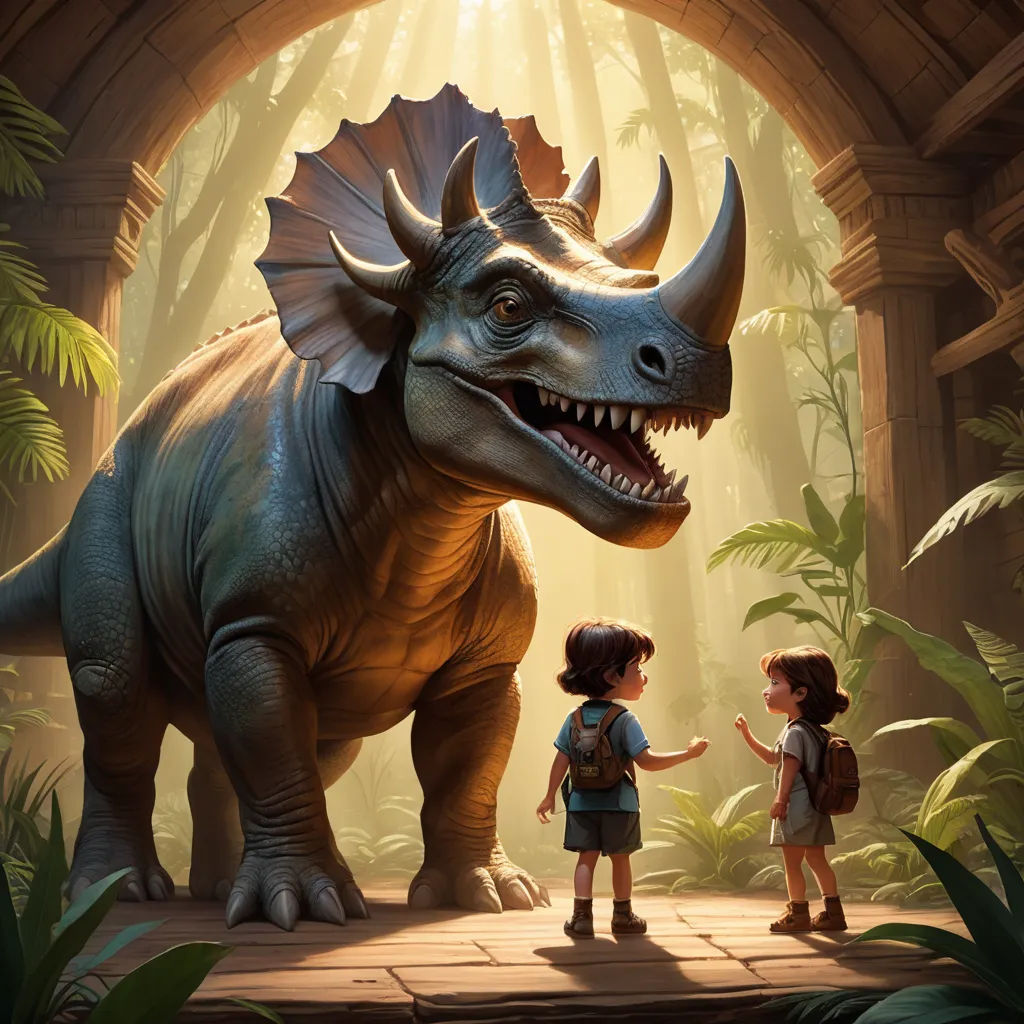 a girl and a boy are standing in front of a dinosaur in a jungle setting with a light shining on them, fantasy art, a storybook illustration, Adam Rex, rossdraws global illumination