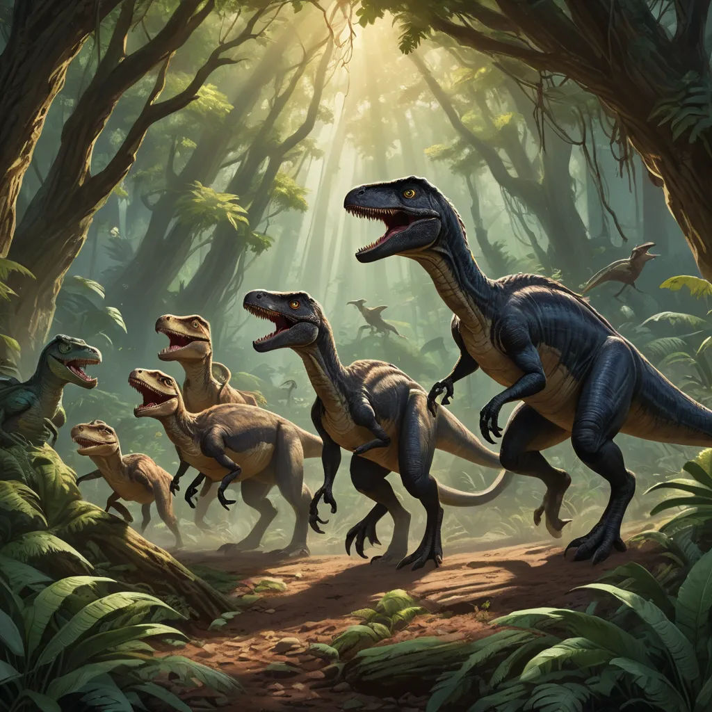 a group of dinosaurs walking through a forest filled with trees and plants, with sunlight streaming through the trees, primitivism, concept art, Adam Rex, official art