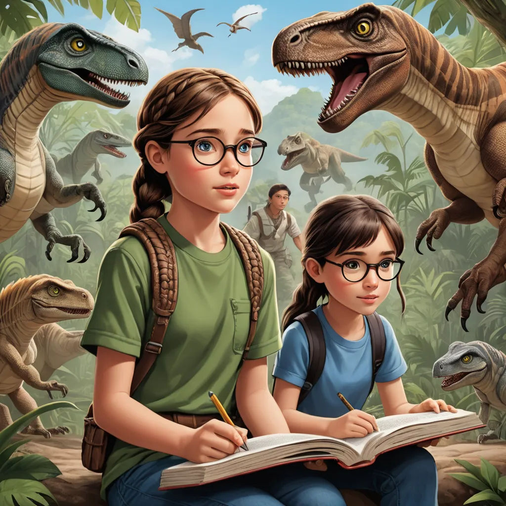 a girl and a boy are sitting in front of a dinosaur and a man with a book in his hand, serial art, a storybook illustration, Adam Rex, official art