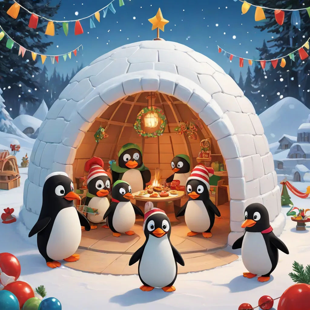 a group of penguins standing in front of a small igloose with a table full of food, naive art, a storybook illustration, Ernest William Christmas, official art