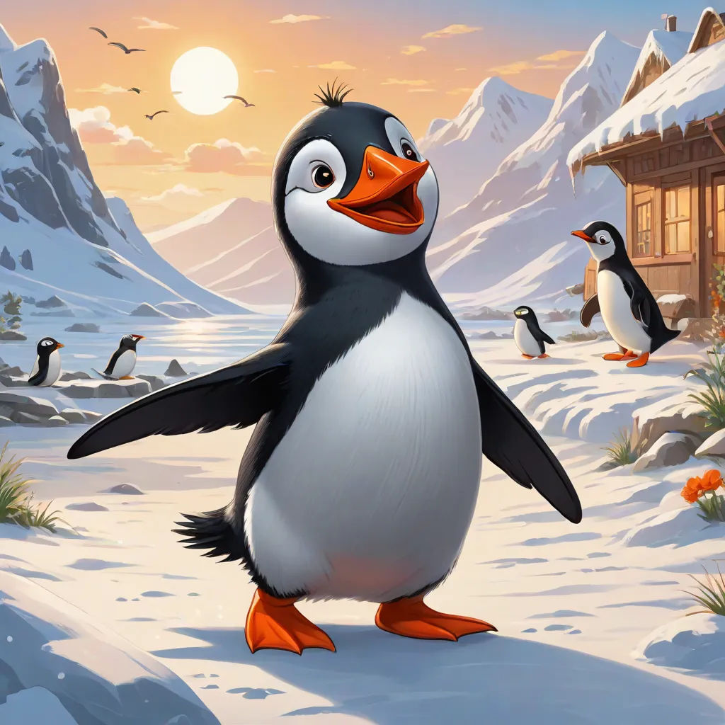 a penguin is standing in the snow with other penguins in the background and a cabin in the background with a full moon, sots art, concept art, Chris LaBrooy, official art