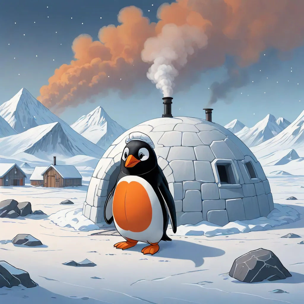 a penguin standing in front of a igloose with a smoke stack in the background and a snow covered mountain, pop surrealism, a detailed matte painting, Cliff Childs, official art