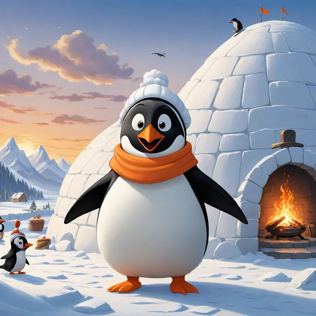 a penguin with a scarf around its neck standing in front of a fire place with penguins around it and a penguin in the background, naive art, computer graphics, Chris LaBrooy, official art