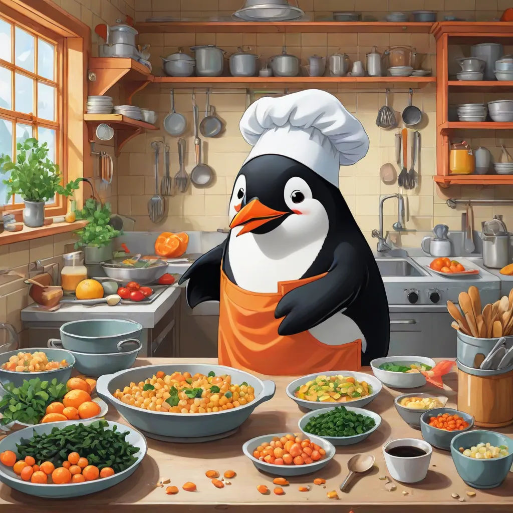 a penguin in a kitchen with many bowls of food on the counter and a sink with a pot on it, furry art, a storybook illustration, Cliff Childs, official art