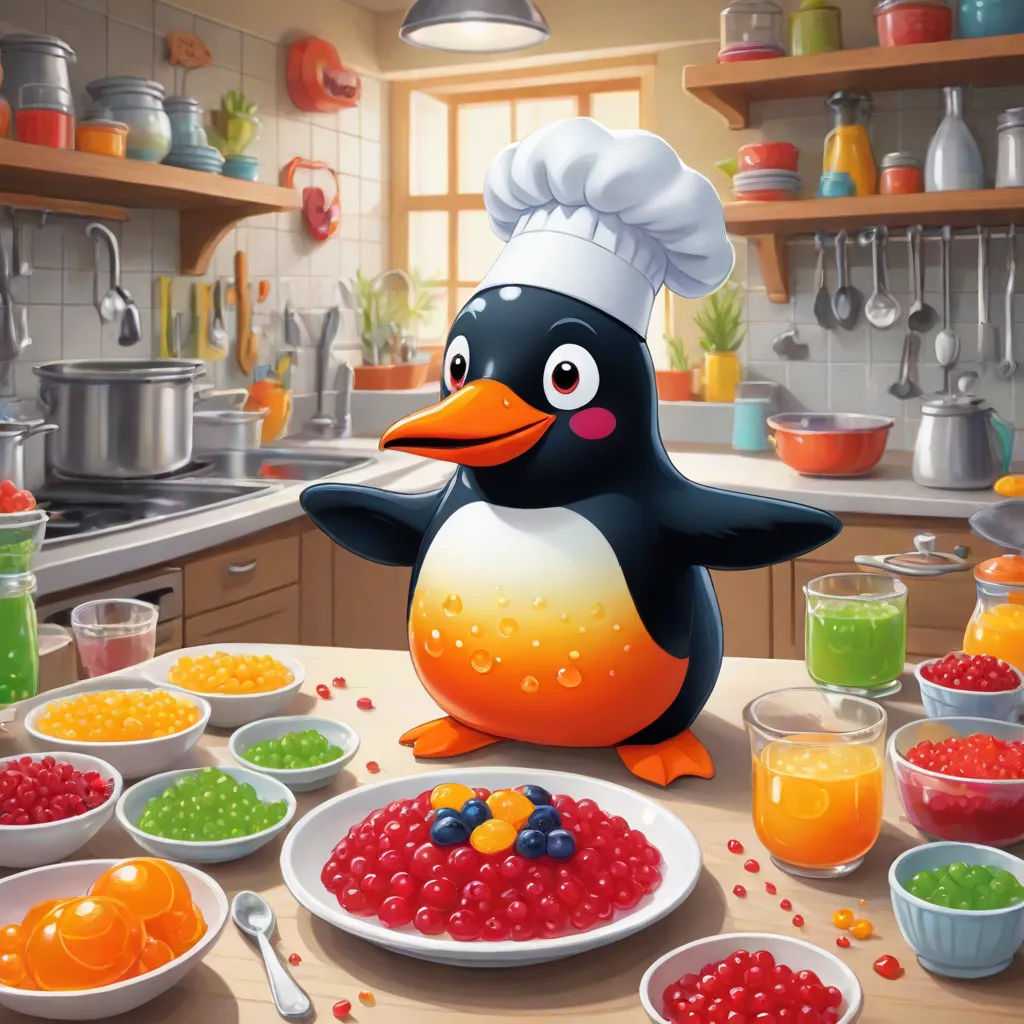 a penguin is standing in front of a table full of food and drinks, with a chef's hat on, lyco art, computer graphics, Chris LaBrooy, promotional image