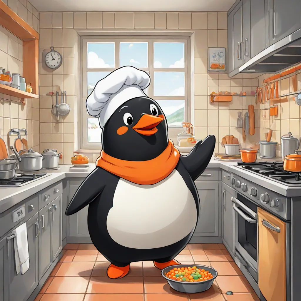 a penguin in a kitchen with a bowl of food in front of him and a clock on the wall, sots art, a character portrait, Chica Macnab, official art