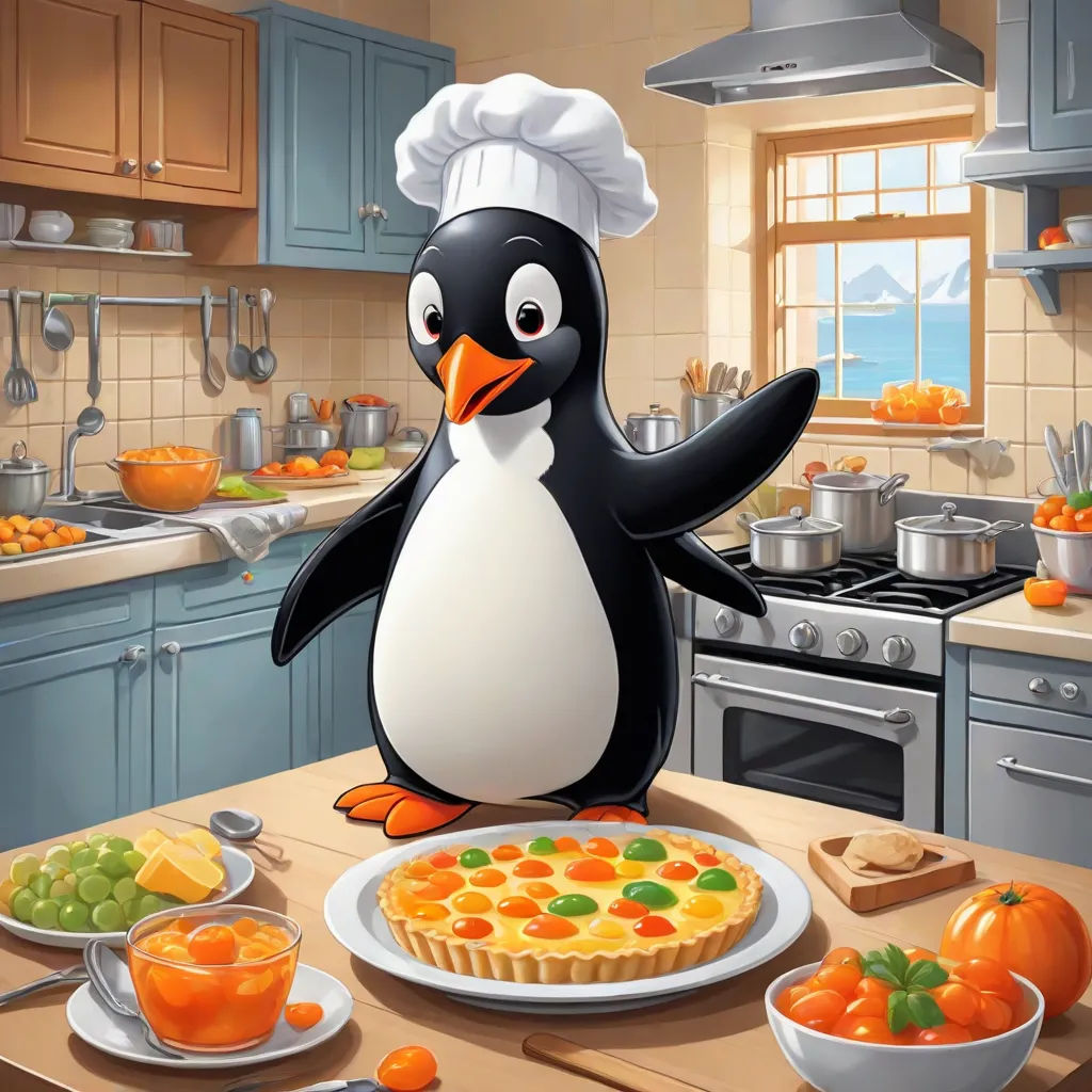 a penguin standing in a kitchen with a pie on a table and a bowl of fruit on the table, lyco art, computer graphics, David Young Cameron, official art
