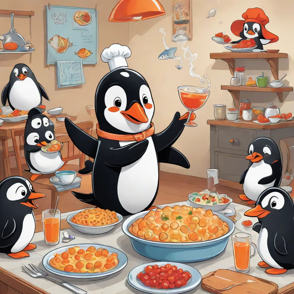 a penguin is standing in front of a table full of food and drinks, while other penguins are eating, lyco art, a storybook illustration, Coppo di Marcovaldo, official art