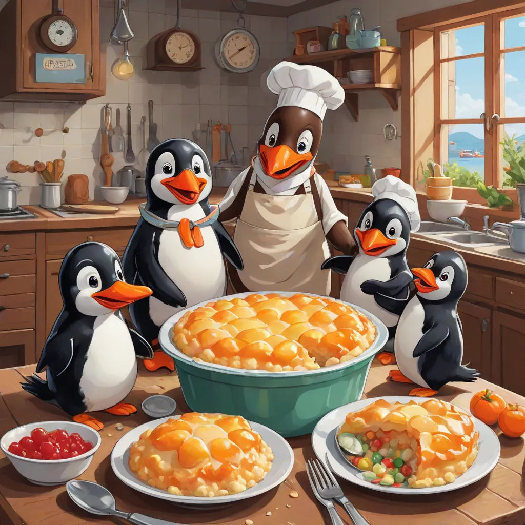 a cartoon penguin and his family are preparing a meal together in the kitchen with a large pot of macaroni and cheese, american scene painting, a storybook illustration, Cliff Childs, official art