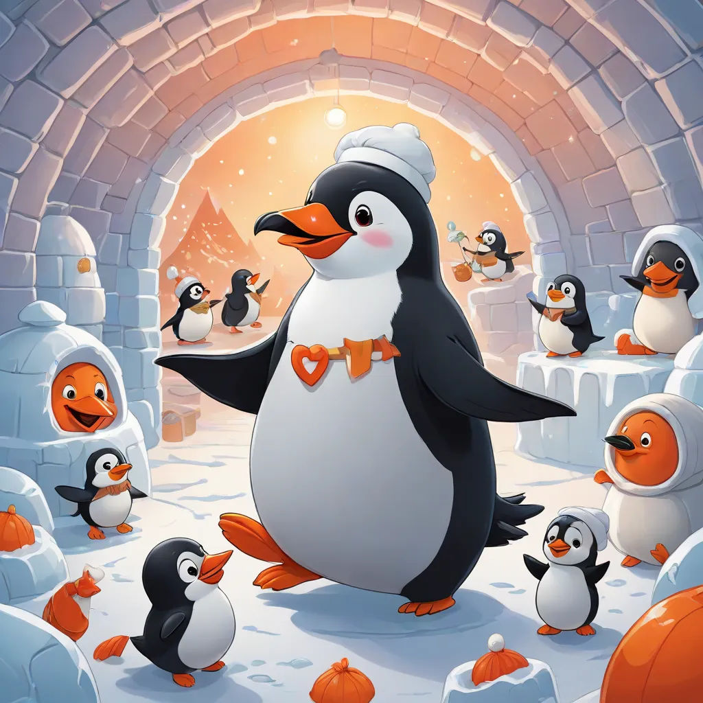 a penguin with a hat and a bunch of penguins in a snowy area with a light at the end of the tunnel, fantasy art, a storybook illustration, Artur Grottger, official art