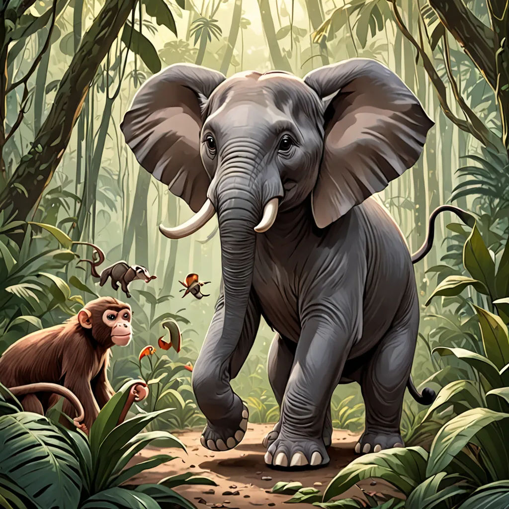 a painting of an elephant and a monkey in a jungle with a monkey and a monkey on the ground, sumatraism, a storybook illustration, Chris LaBrooy, highly detailed digital painting