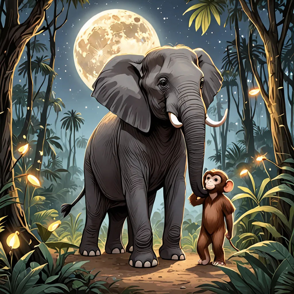 a monkey and an elephant standing in the jungle under a full moon sky with a full moon behind them, fantasy art, a storybook illustration, Chris LaBrooy, storybook illustration