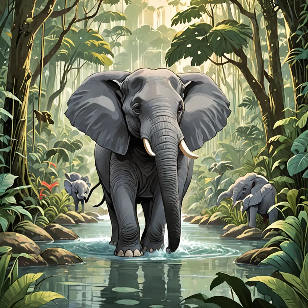 an elephant is standing in the middle of a river in the jungle with other elephants in the background and trees and bushes, sumatraism, a storybook illustration, Chris LaBrooy, jungle