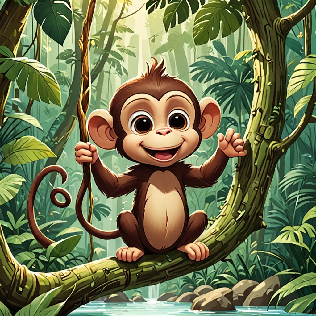 a monkey sitting on a tree branch in a jungle with a stream of water below it and a jungle background, sumatraism, a digital painting, Diego Gisbert Llorens, jungle