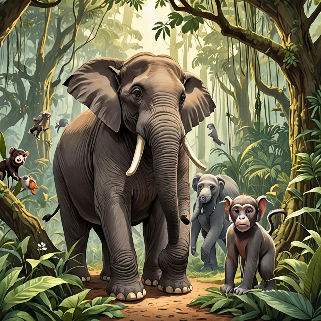 a painting of an elephant and two monkeys in a jungle with trees and plants and birds flying around it, sumatraism, a storybook illustration, Chris LaBrooy, highly detailed digital painting