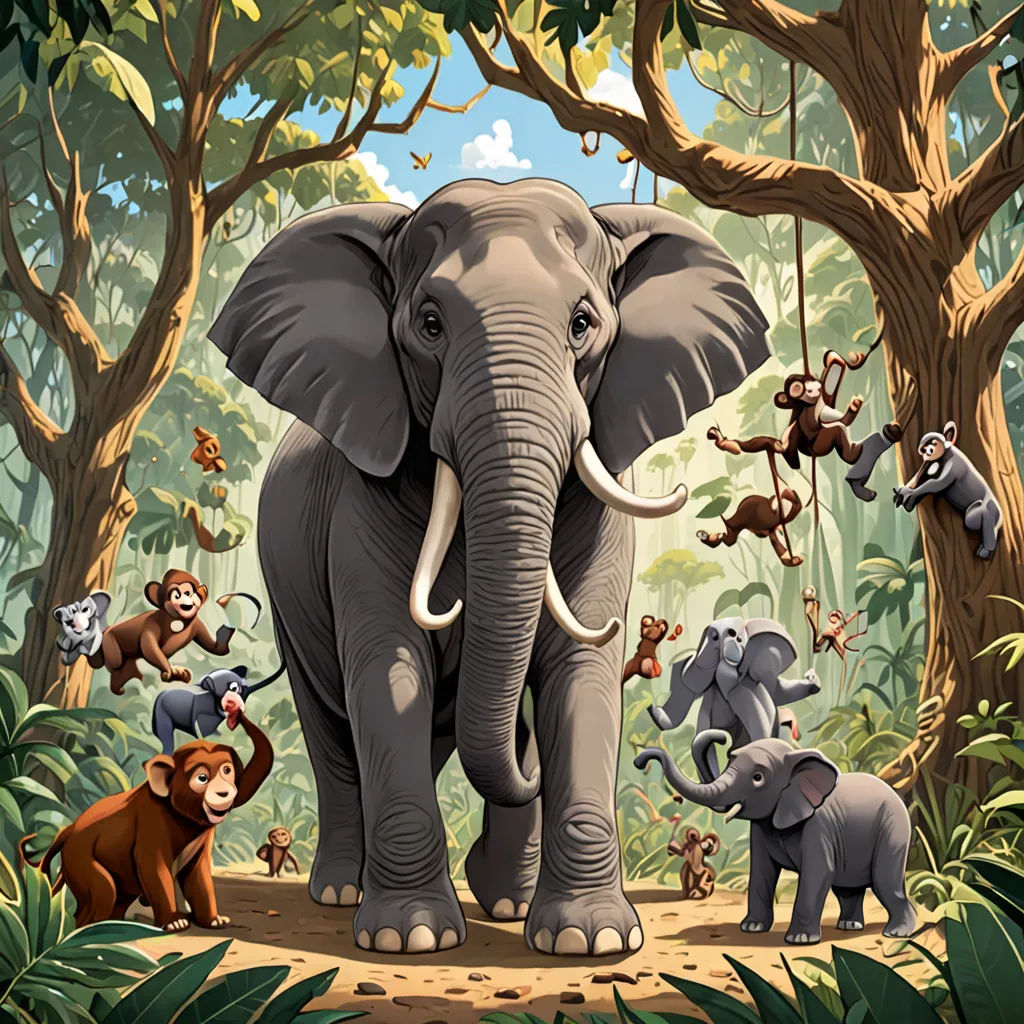 a group of animals that are standing in the dirt near trees and bushes, with a sky background, and a few monkeys, sumatraism, a storybook illustration, Chris LaBrooy, promotional image