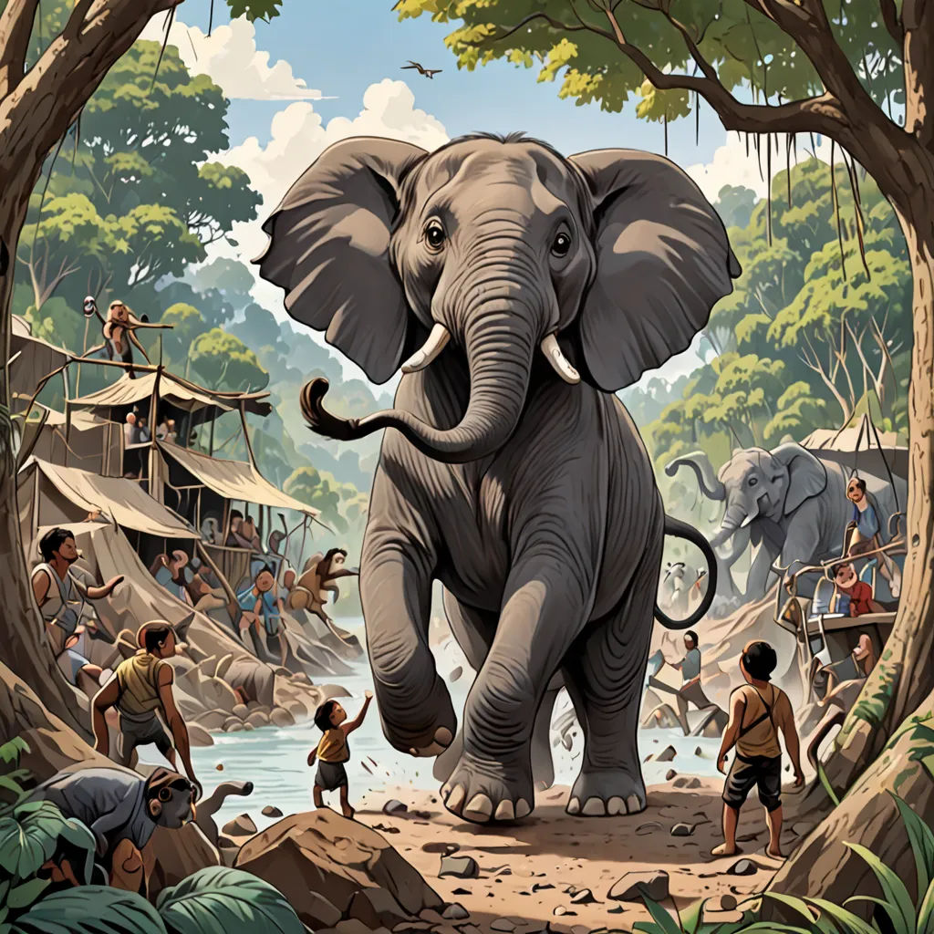 a painting of an elephant in a jungle with people watching it from a tree trunk and a river below, fantastic realism, a storybook illustration, Chris LaBrooy, highly detailed digital painting