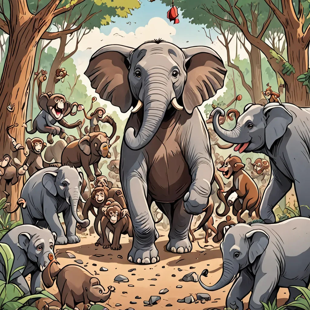 a group of elephants walking through a forest filled with trees and other animals on a dirt road with a red apple on top of it, sumatraism, a storybook illustration, Chris LaBrooy, detailed illustration