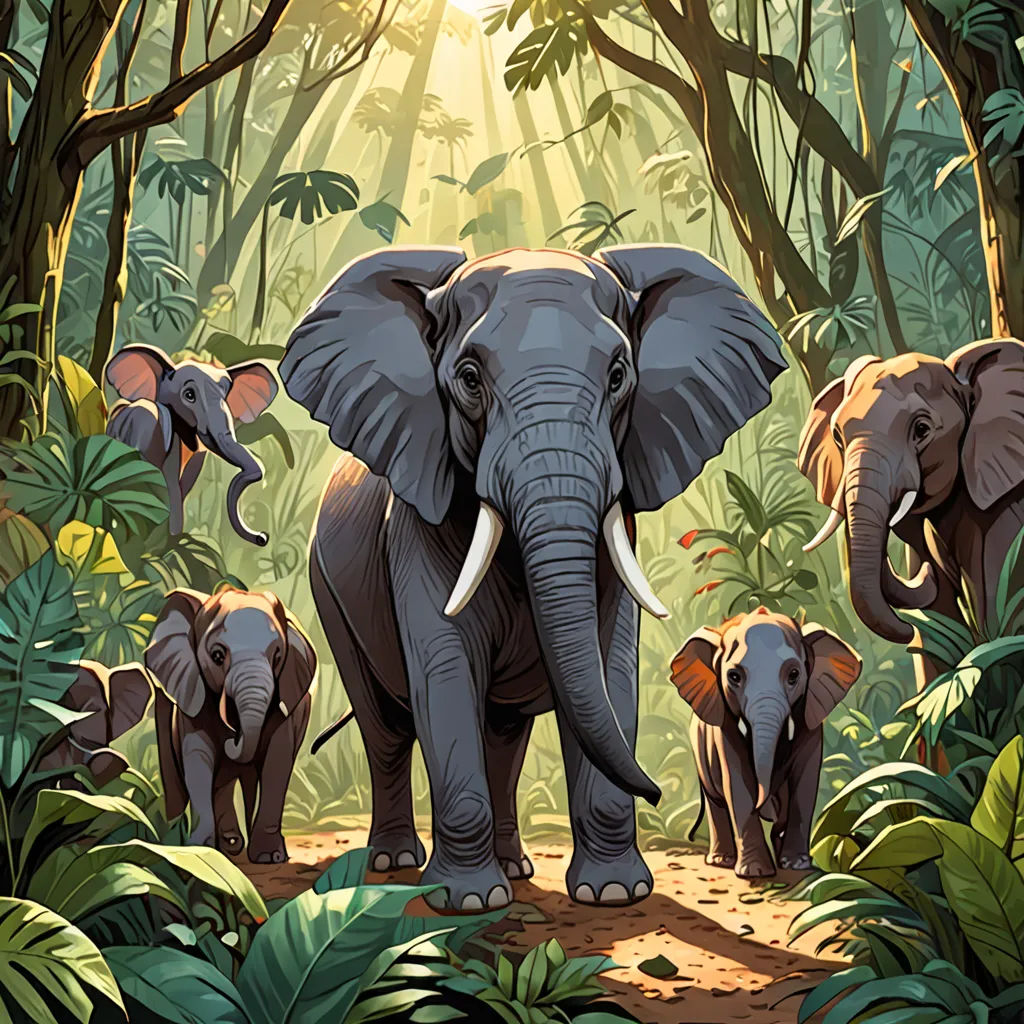 a group of elephants walking through a jungle filled with trees and plants, with a bright light coming through the trees, sumatraism, a storybook illustration, Chris LaBrooy, jungle