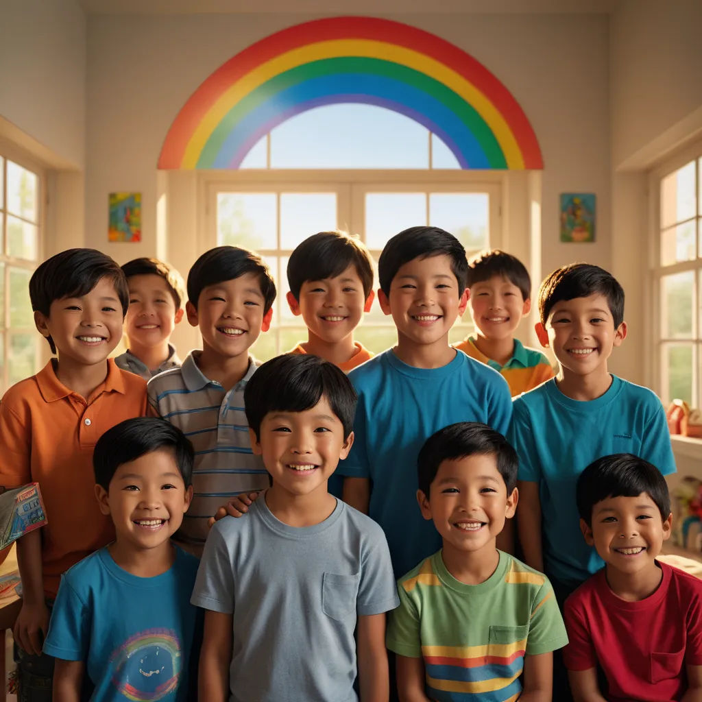 a group of children standing next to each other in a room with a rainbow window in the background and a rainbow painted on the wall, vancouver school, a stock photo, Du Jin, promotional image