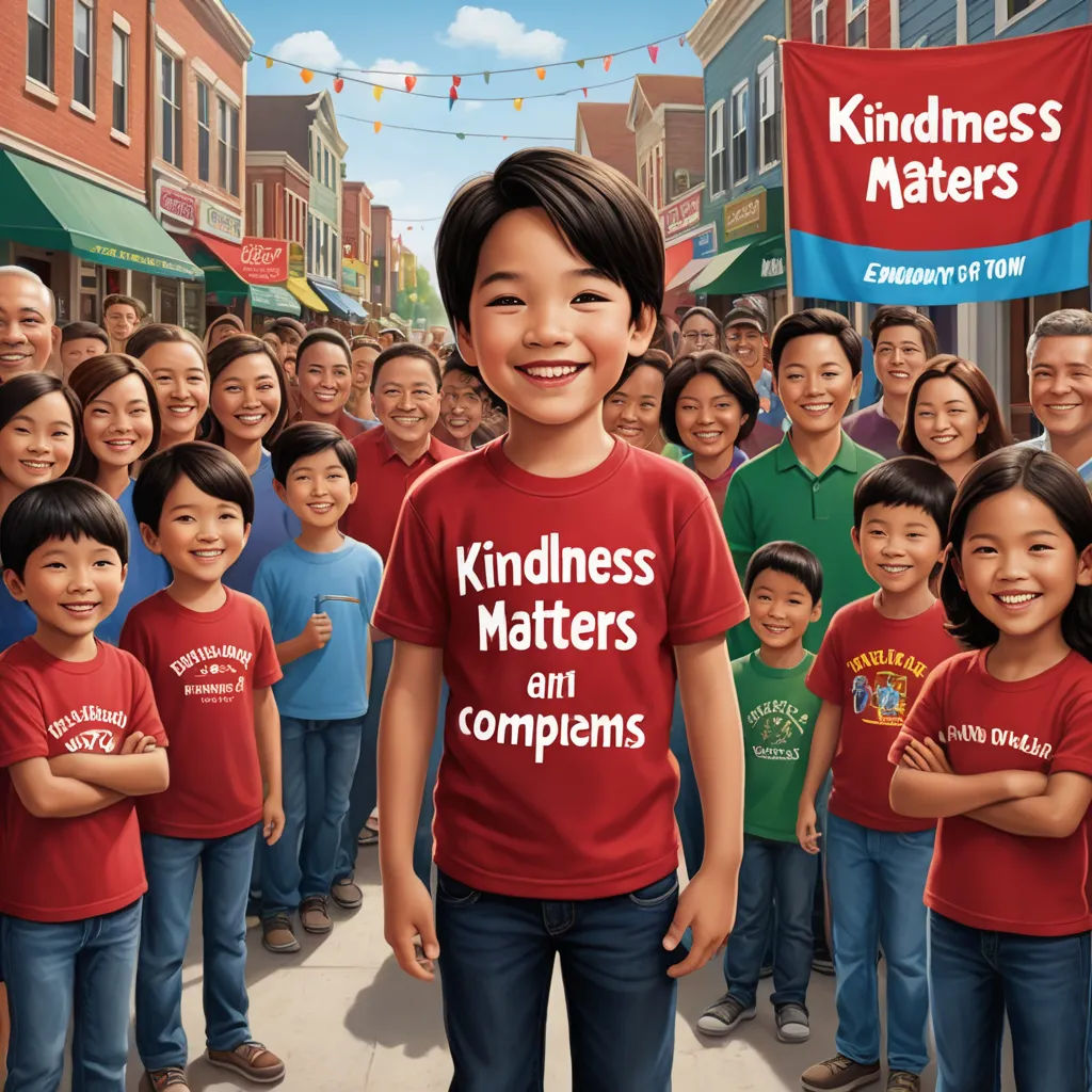a cartoon of a boy standing in front of a crowd of people with a banner that says kindness matters matters, excessivism, a digital rendering, Christopher Moeller, promotional image