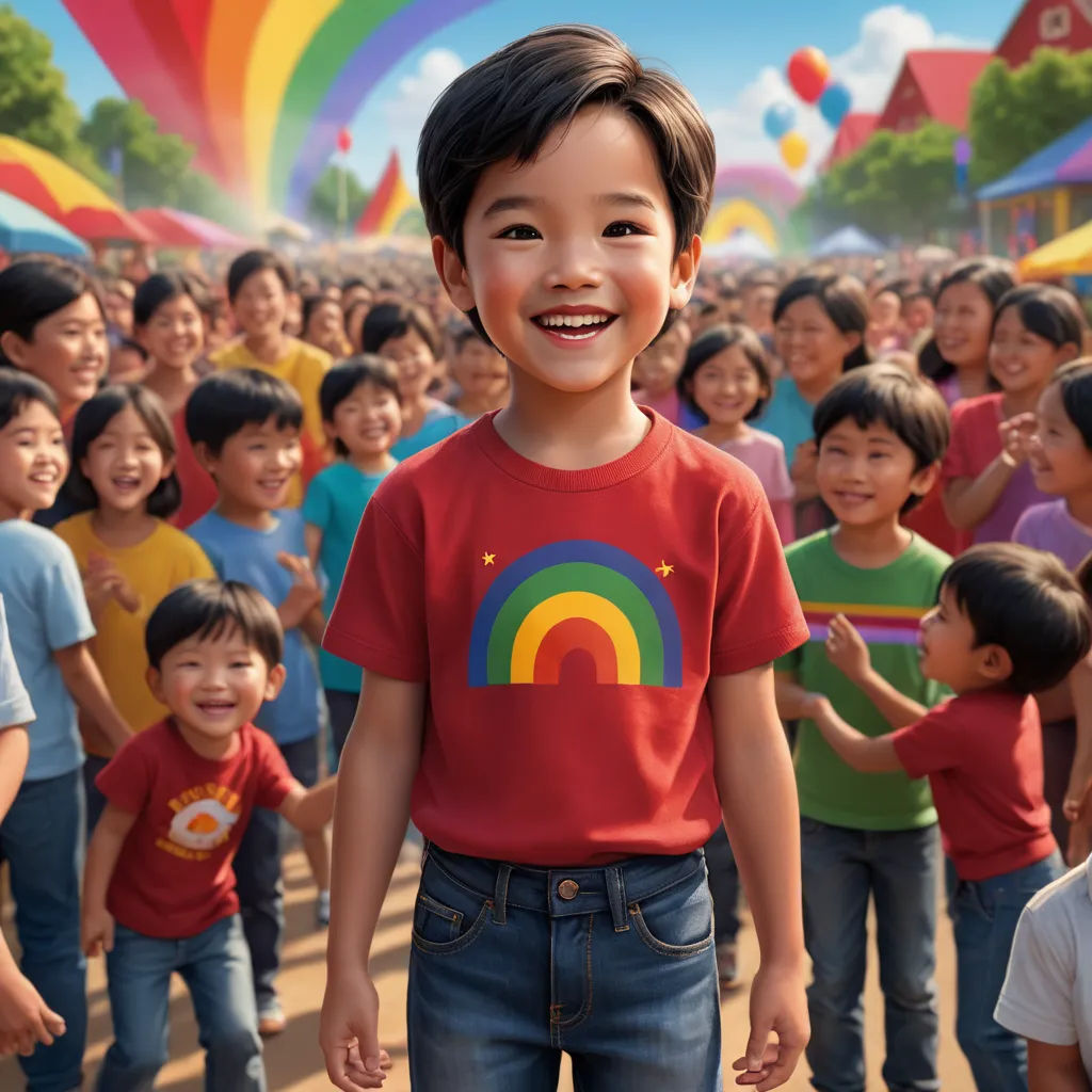 a cartoon of a boy standing in front of a crowd of children in a park with a rainbow t - shirt, symbolism, a poster, Du Jin, promotional image
