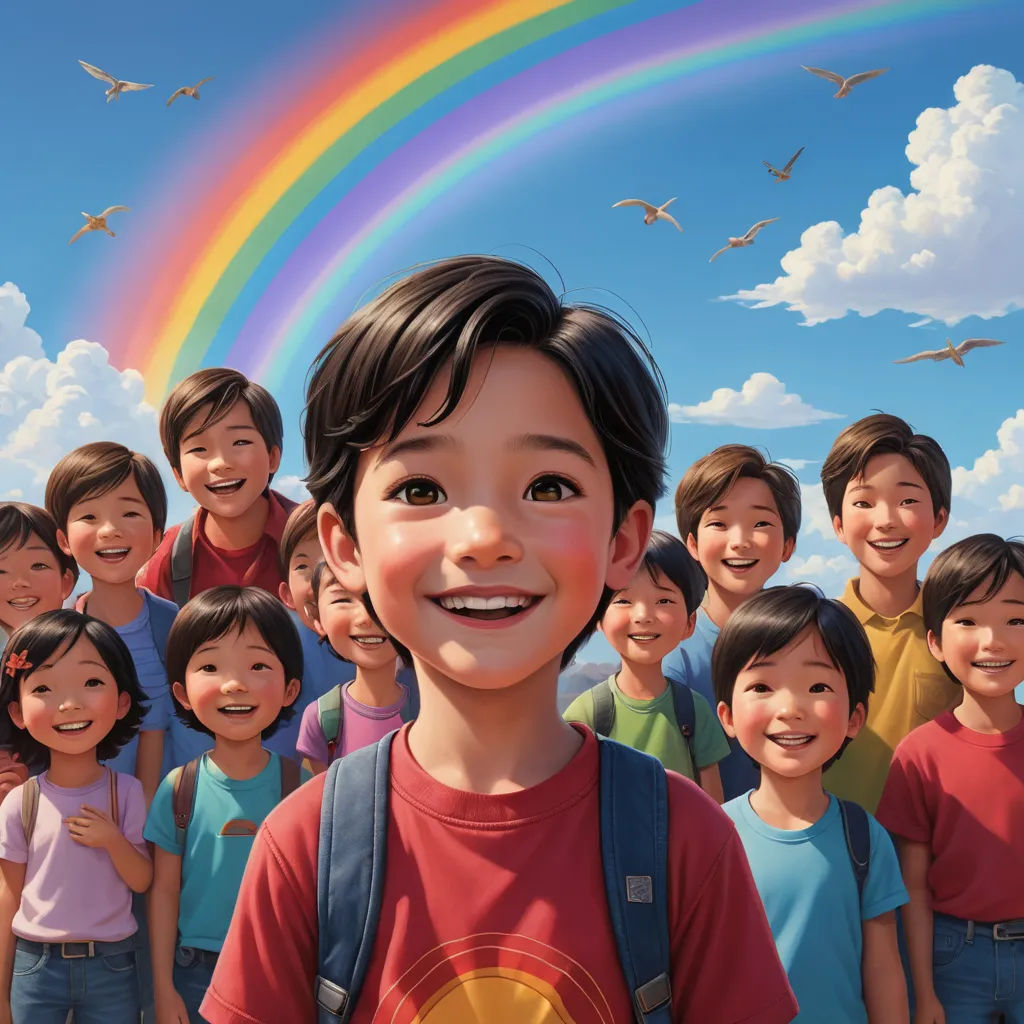 a group of children standing in front of a rainbow and a sky with birds flying overhead and a rainbow in the sky, photorealism, a storybook illustration, Aaron Jasinski, rossdraws global illumination