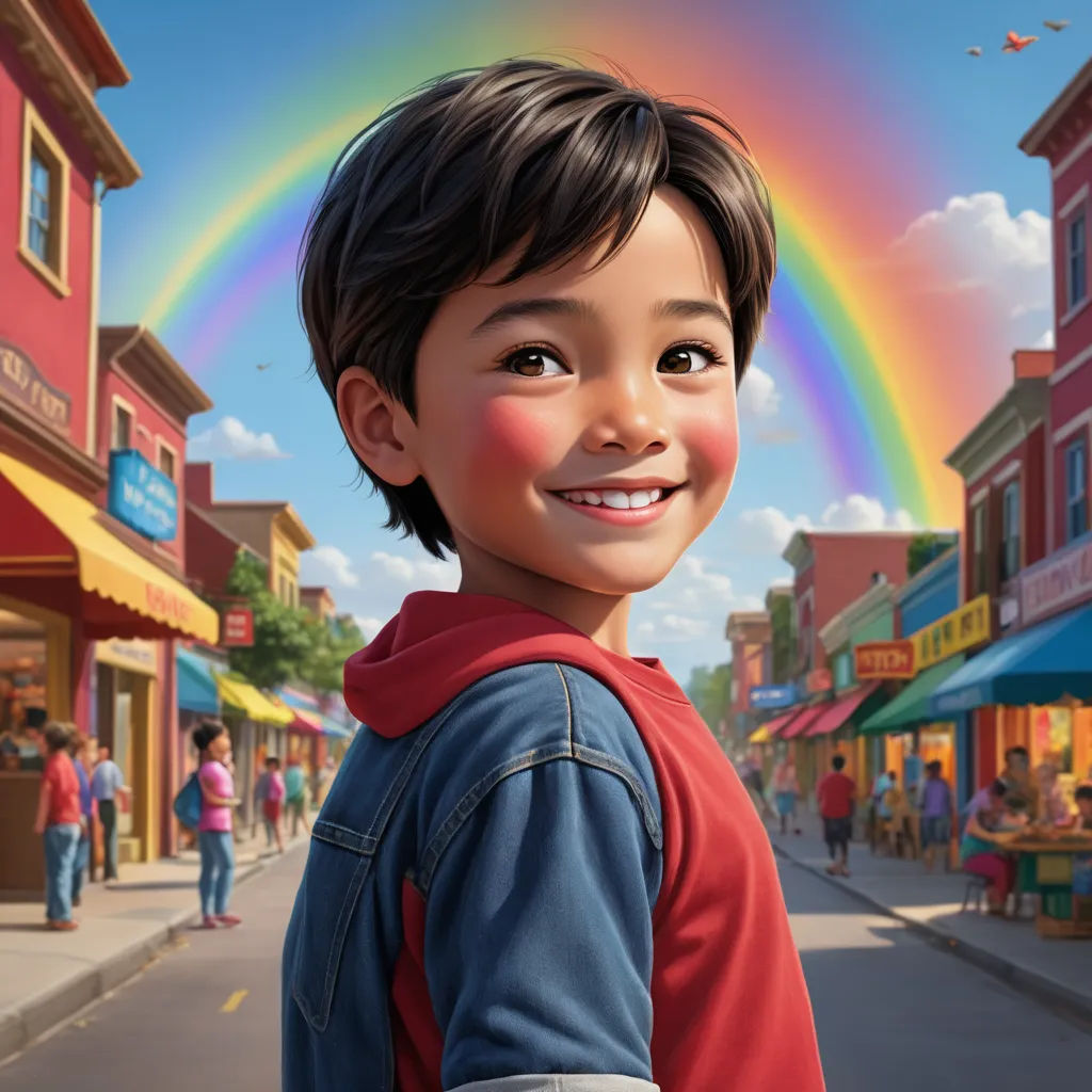 a boy with a rainbow in the background and a city street with people walking on it and a rainbow in the sky, photorealism, a poster, Chris LaBrooy, key art