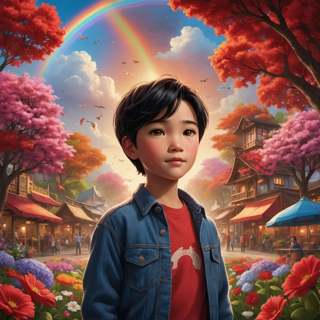 a painting of a boy standing in front of a rainbow and flowers with a sky background and trees and buildings, cloisonnism, poster art, Aaron Jasinski, rossdraws global illumination