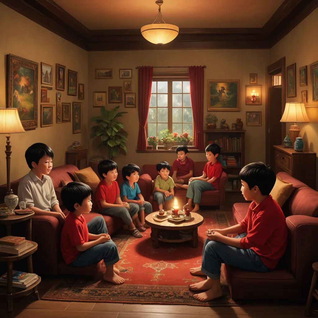 a group of people sitting around a living room together on couches and a table with a lit candle, magic realism, a storybook illustration, Chris LaBrooy, highly detailed digital painting