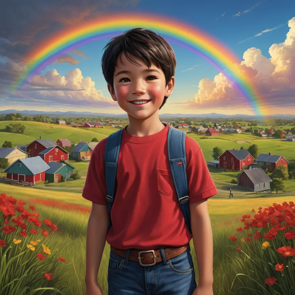 a boy standing in a field with a rainbow in the background and a red shirt on his shirt and jeans, precisionism, a storybook illustration, Aaron Jasinski, kinkade