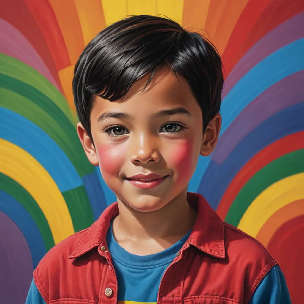 a painting of a boy with a red shirt and blue shirt on, with a colorful background and a red shirt on, photorealism, an ultrafine detailed painting, Aaron Jasinski, extremely detailed oil painting