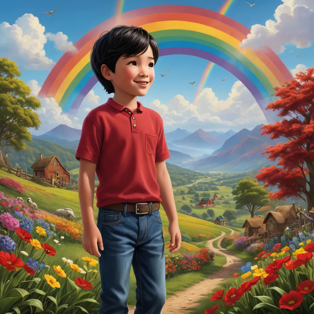 a painting of a boy standing in a field with a rainbow in the background and a house on the hill, naive art, a storybook illustration, Aaron Jasinski, promotional image