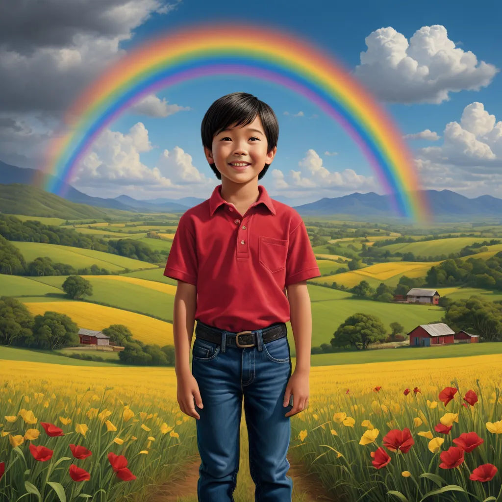 a boy standing in a field with a rainbow in the background and a painting of a house in the background, precisionism, a storybook illustration, Chris LaBrooy, promotional image