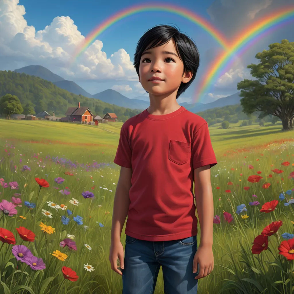 a painting of a boy standing in a field with a rainbow in the background and a house in the distance, american scene painting, a storybook illustration, Aaron Jasinski, official art