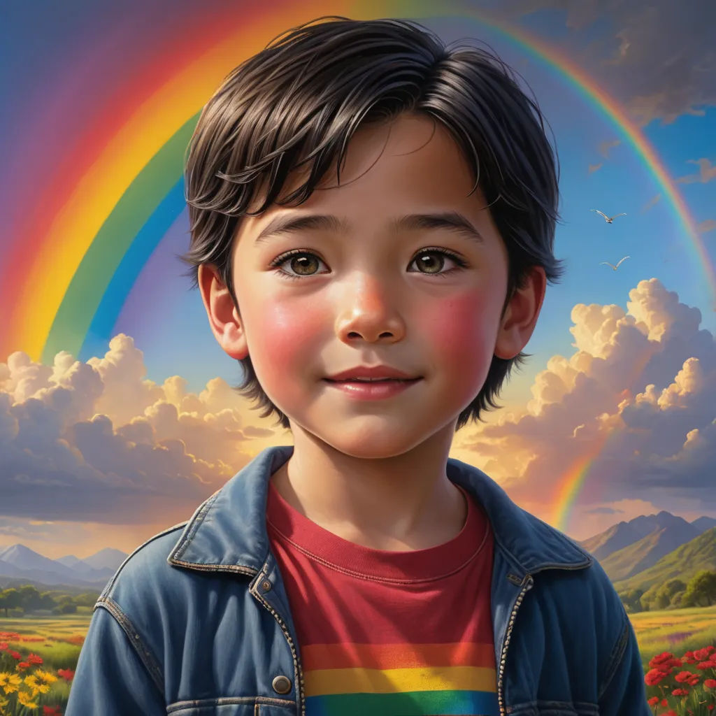 a painting of a boy with a rainbow in the background and clouds in the sky above him, and a field of flowers and a rainbow in the background, photorealism, a photorealistic painting, Aaron Jasinski, key art