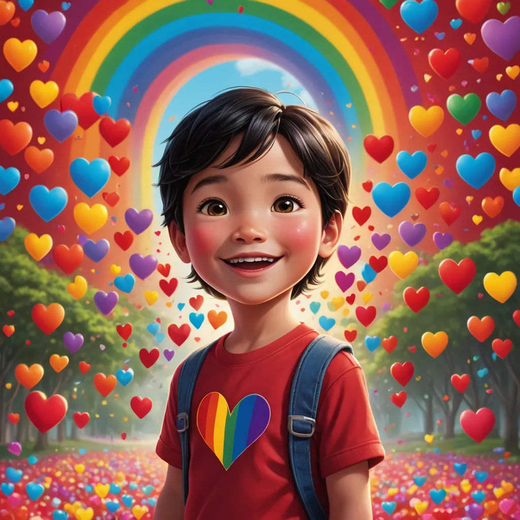 a painting of a child with hearts in the background and a rainbow in the background with trees and flowers, sots art, poster art, Aaron Jasinski, official art