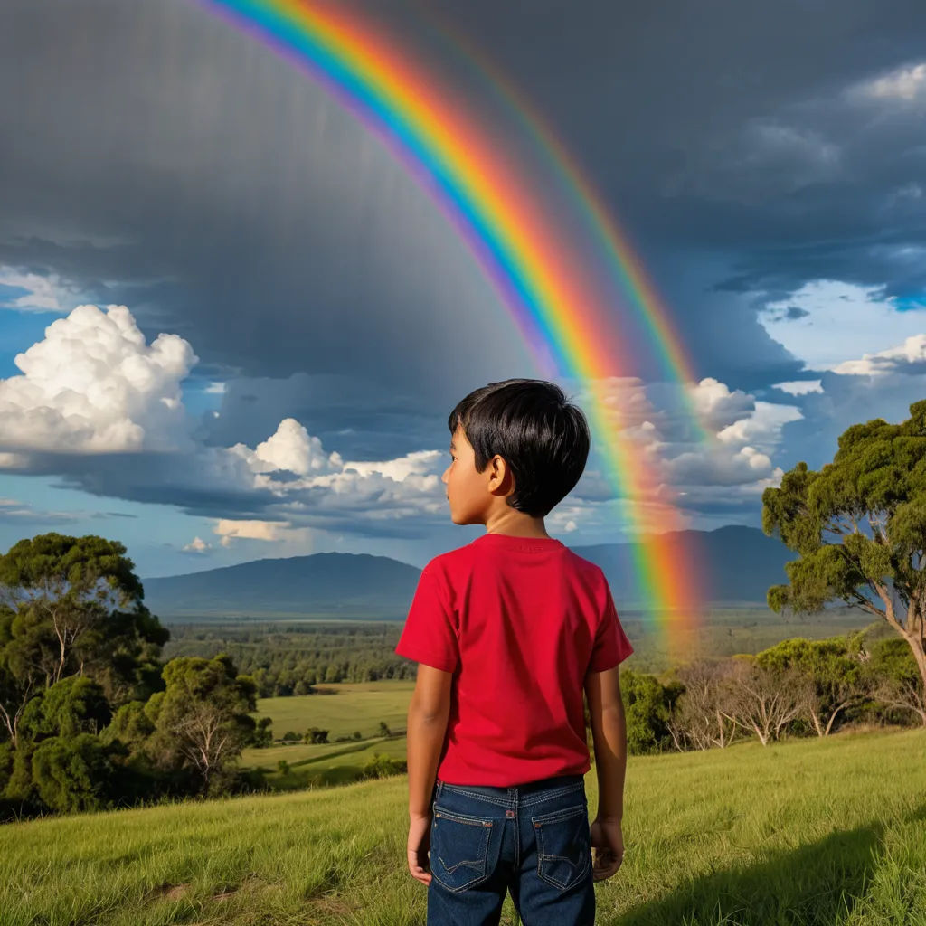 a boy standing in a field watching a rainbow in the sky over a valley and mountains in the distance, precisionism, a stock photo, Andrew Law, award-winning photograph