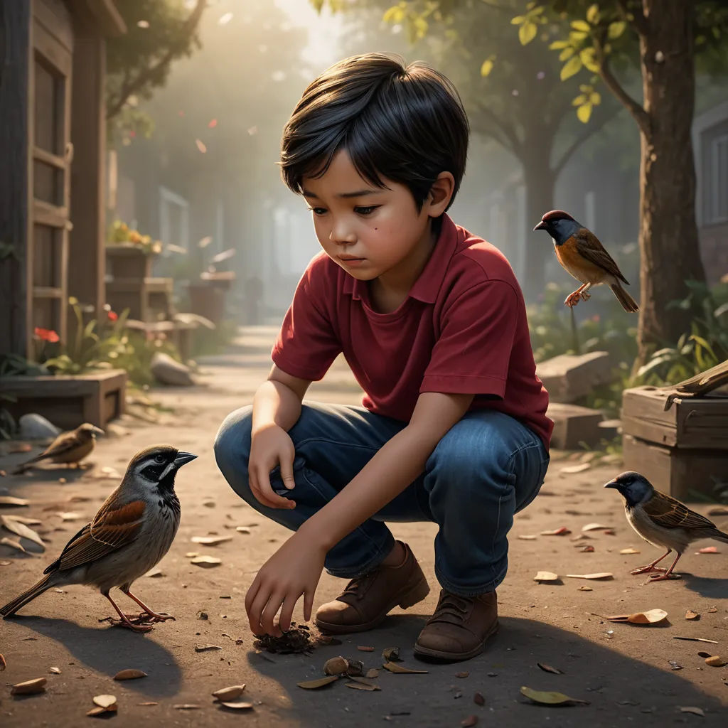a boy kneeling down next to a bird on the ground with a bird on his hand and a bird on his hand, photorealism, a storybook illustration, Chris LaBrooy, key art