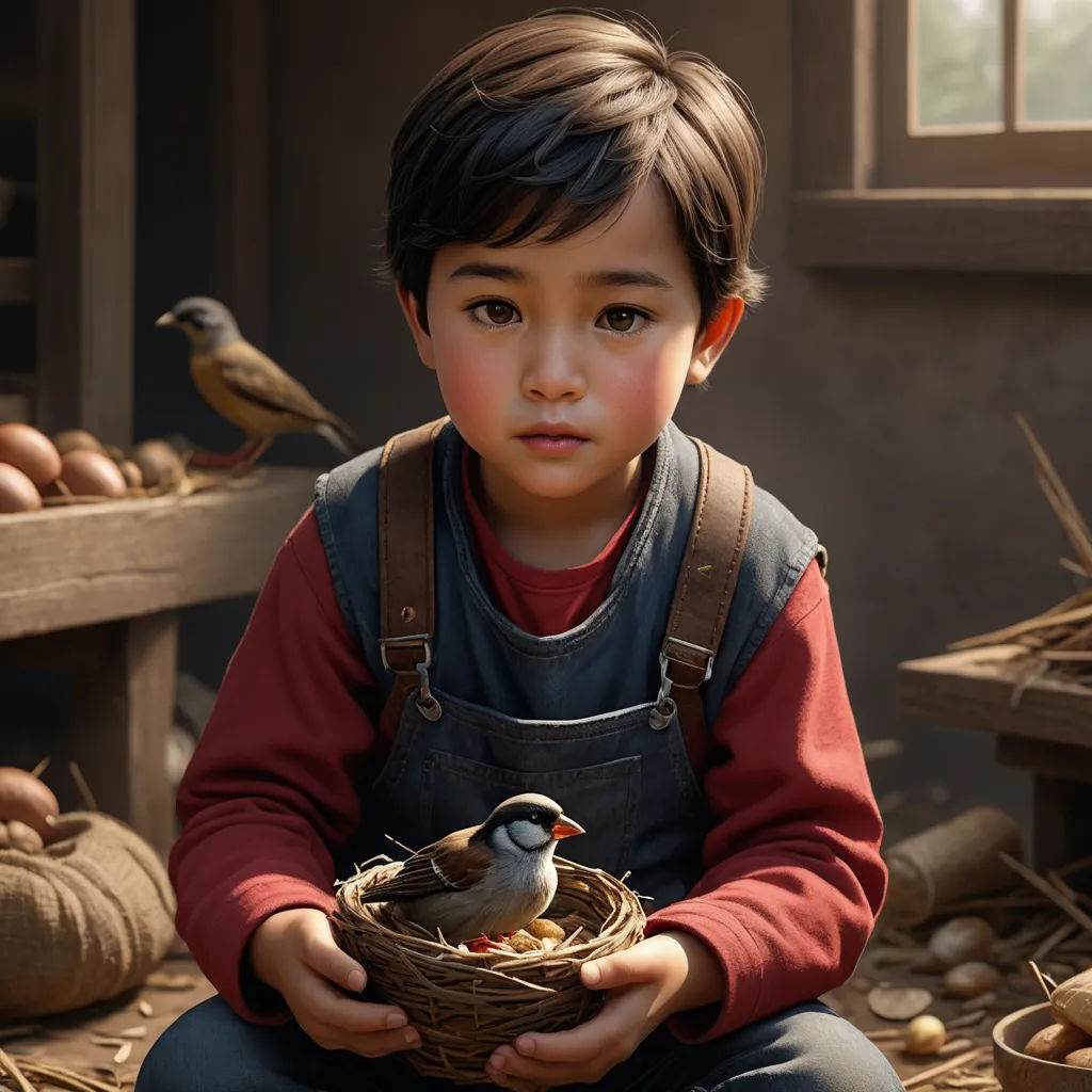 a boy holding a bird in a nest with eggs in it and a bird on top of it,, photorealism, a photorealistic painting, David Park, cgstudio