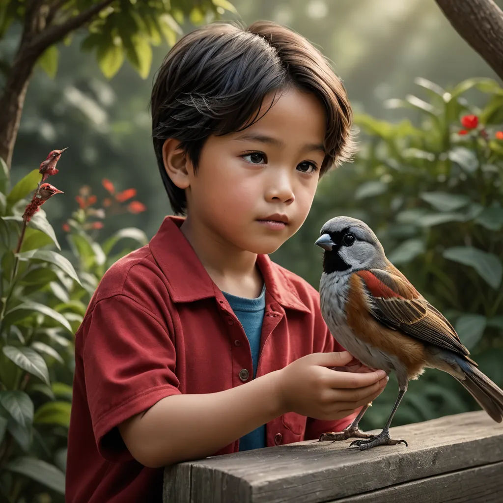 a young boy holding a bird on a wooden bench in a garden with a bird perched on the arm of the boy, cloisonnism, a character portrait, Chen Jiru, promotional image