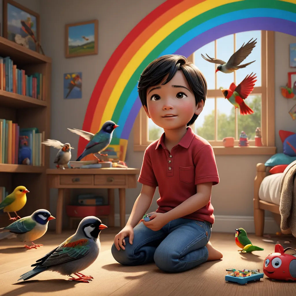 a child sitting on the floor surrounded by birds and toys in a room with a rainbow in the background, photorealism, poster art, Chris LaBrooy, promotional image