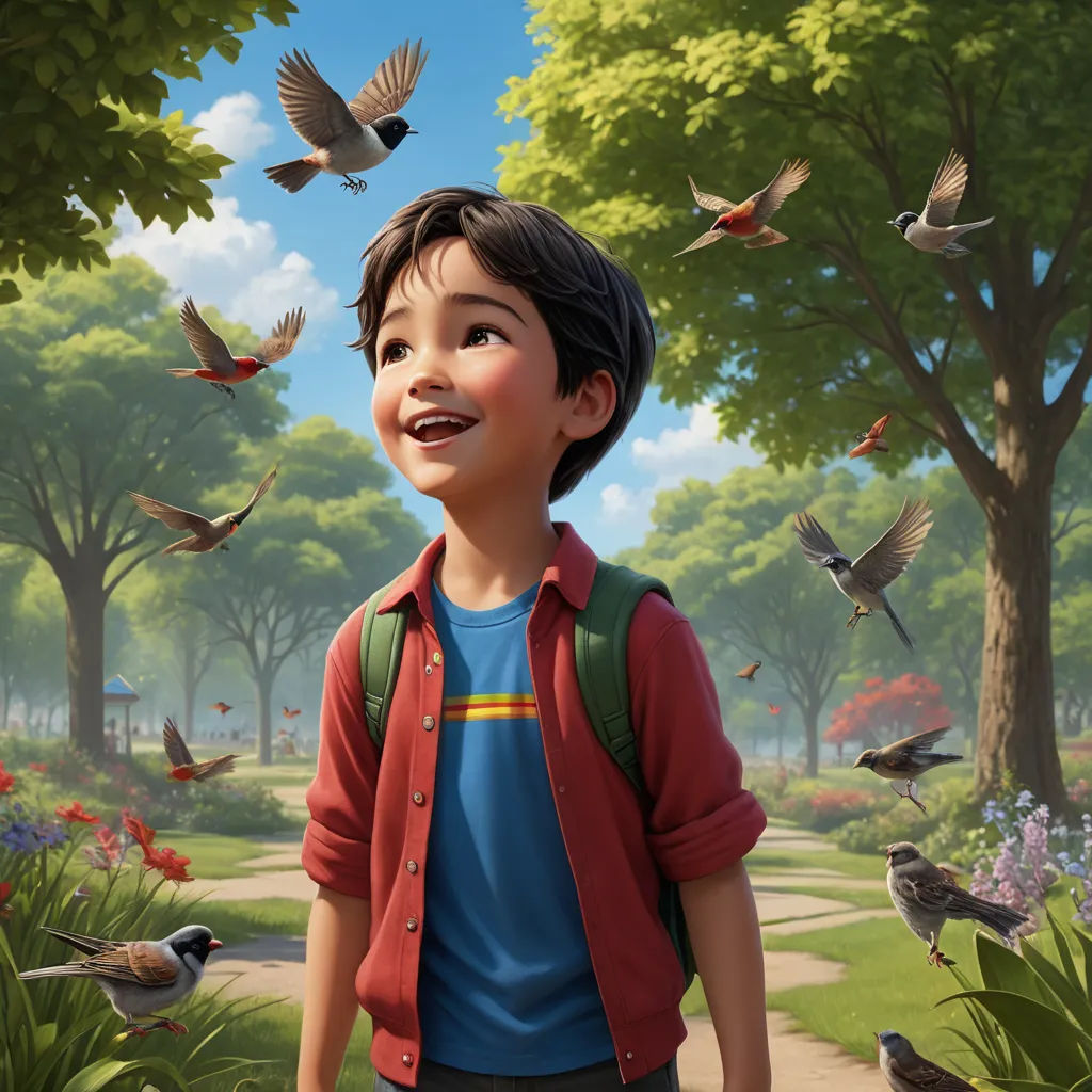 a boy with a backpack and birds flying around him in the park, with a path leading to a park, photorealism, poster art, Chris LaBrooy, pixar style