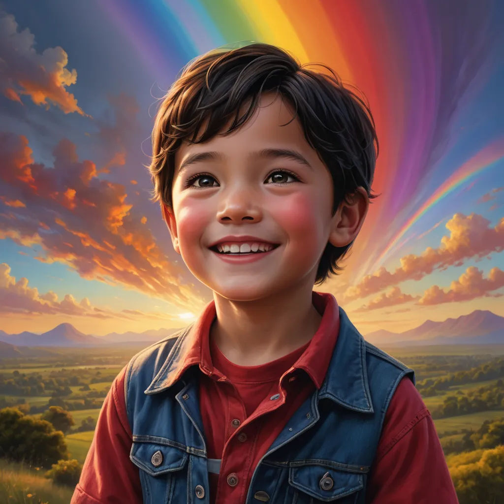 a painting of a boy smiling with a rainbow in the background and a rainbow in the sky above him, photorealism, a detailed painting, Aaron Jasinski, highly detailed digital painting