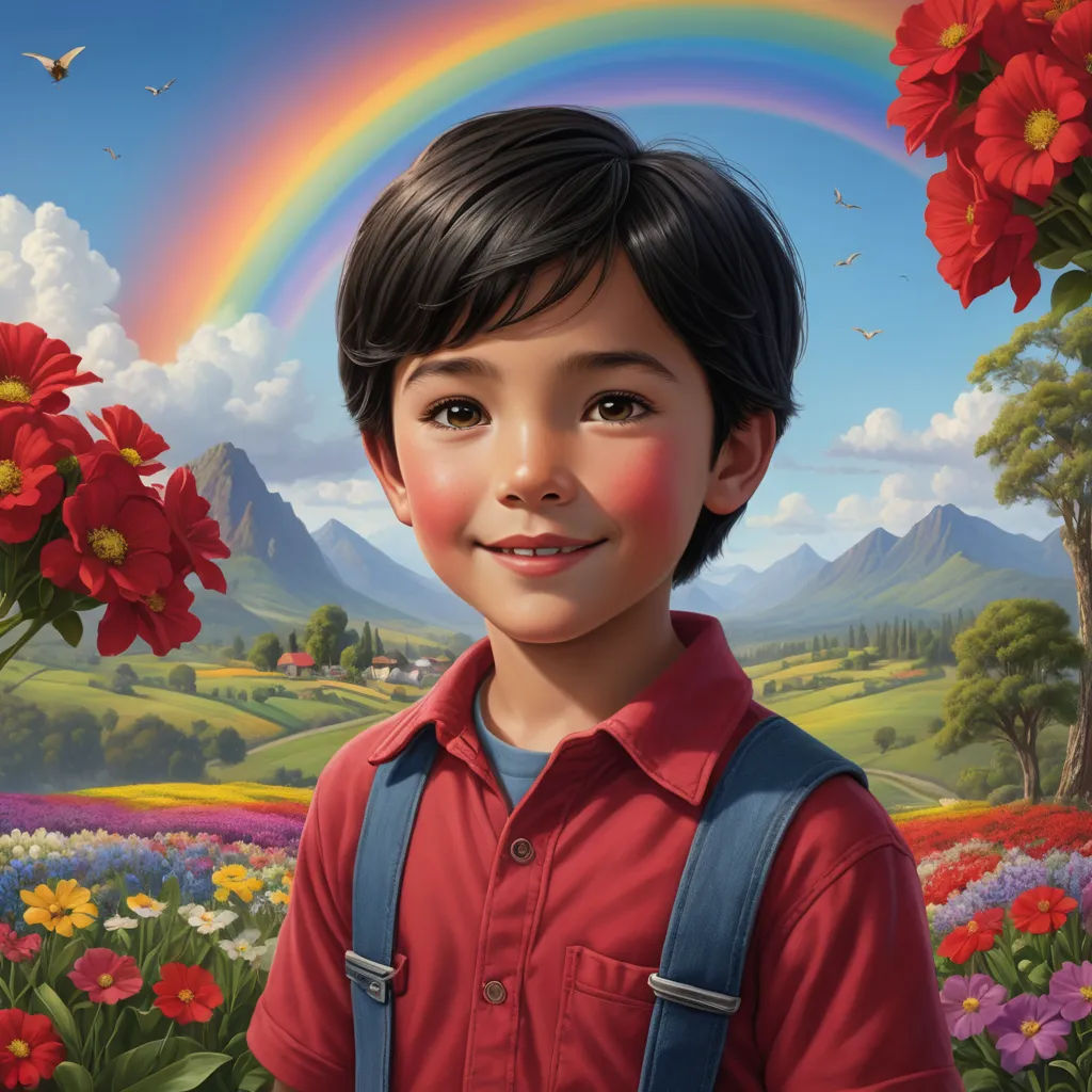 a painting of a boy with a rainbow in the background and flowers in the foreground, and a rainbow in the background, fantastic realism, a detailed painting, Aaron Jasinski, rossdraws global illumination
